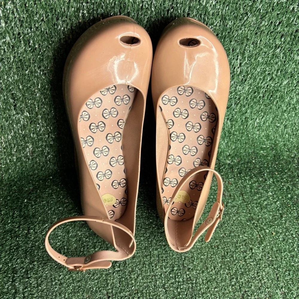 NEW Melissa Jelly Peep Toe Ankle Strap Wedge Sandals Nude Pink Shoes Womens Sz 9